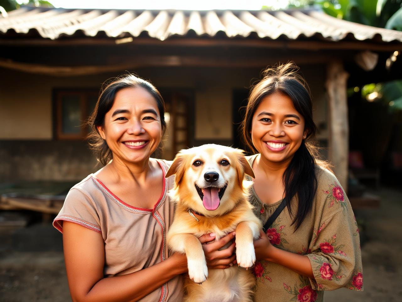 A Balinese family smiling with their healthy dog