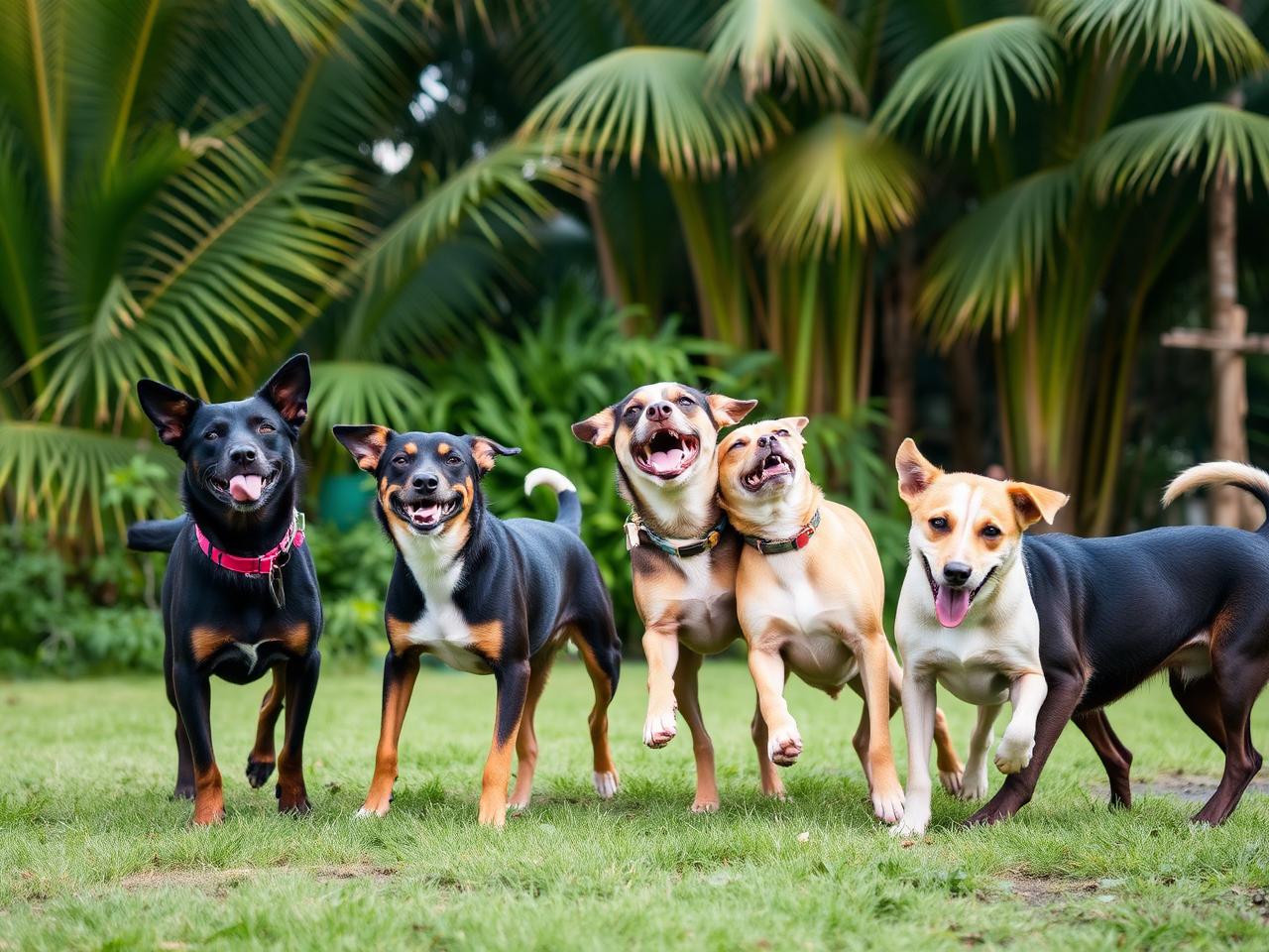 A pack of rescued Bali dogs playing happily together