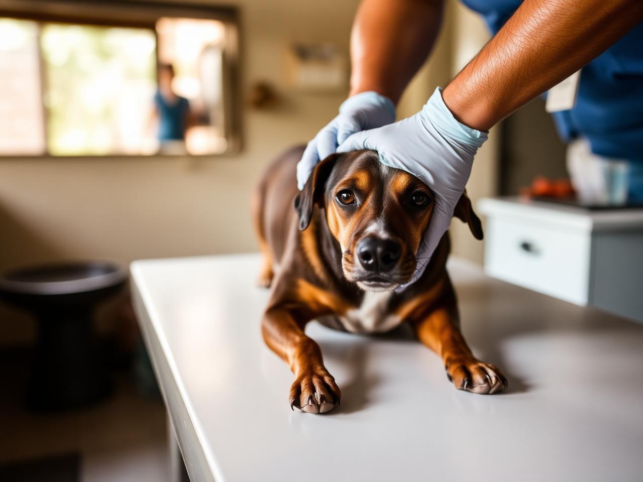 A veterinarian gently examining a calm Bali dog